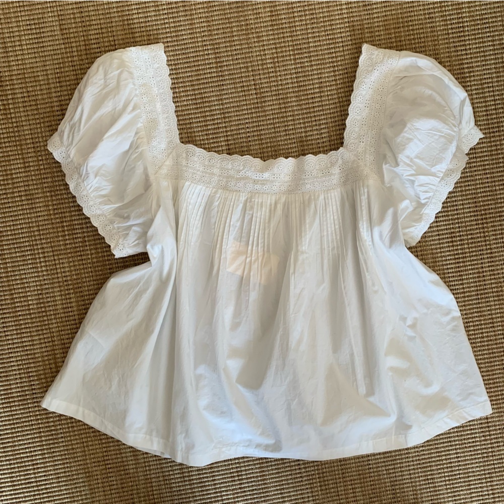 NWT Doen Francia Cotton Poplin Eyelet Pintuck Puff Sleeve Blouse Top Salt White - Picture 11 of 13